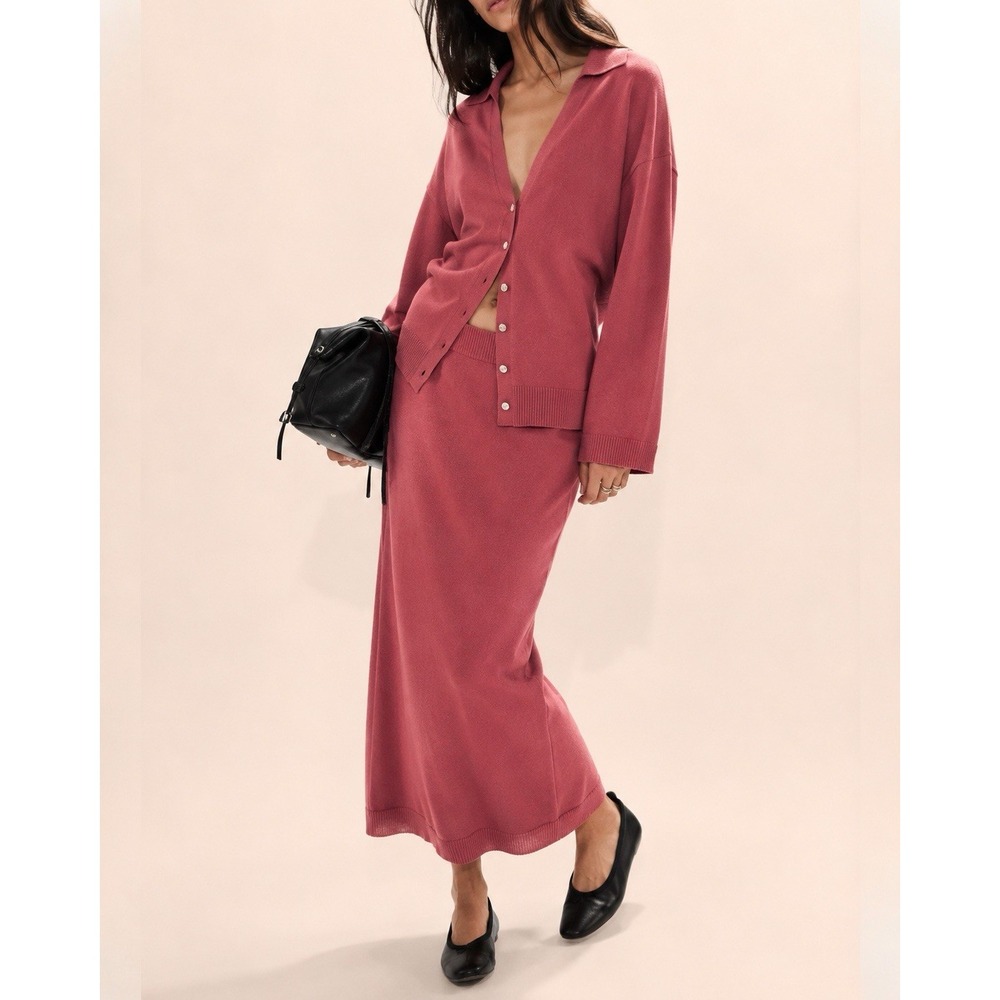 NWT Free People Gwenna Sweater Set XS Cardigan Maxi Skirt 2 Piece Red Cognac